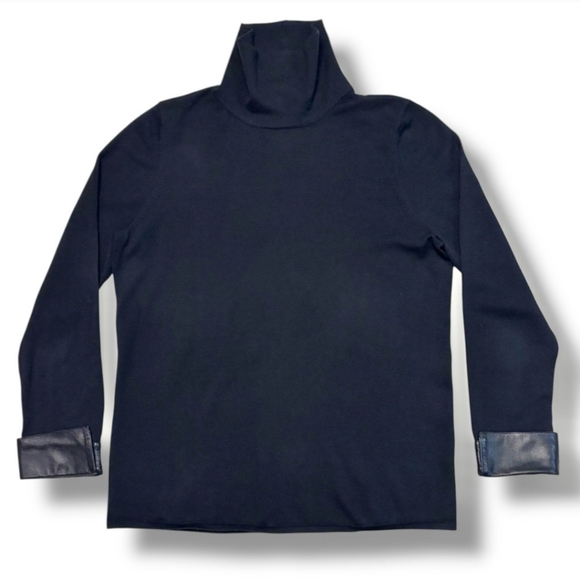 BELFORD Black Merino Wool Turtleneck Sweater Black Leather French Cuffs VINTAGE - Picture 8 of 8